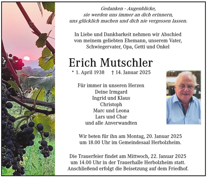 Traueranzeige Erich Mutschler